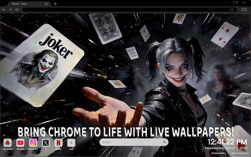 Harley Quinn Joker Cards Chaos Live Wallpaper :: One of the most epic villain live wallpapers for Chrome – featuring Harley Quinn and Joker chaos energy.