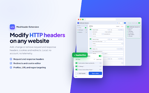 ModHeader Extension: HTTP Header Editor :: Modify headers, cookies and redirects. Add, edit or remove custom HTTP headers. Ad free, local ModHeader alternative.