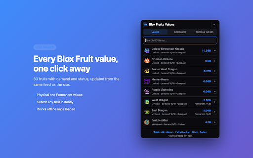 Blox Fruits Values & Trade Calculator :: Blox Fruits values, trade calculator, live stock and codes. Check any trade is a win before you accept.