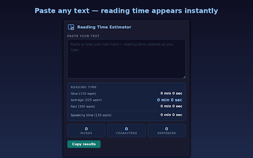 Reading Time Estimator :: Estimate reading time and speaking time of any text instantly. Shows word count, character count, sentences.
