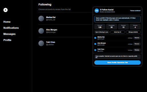 X Follow Assist :: Build a queue from X lists and highlight each action button in a separate profile tab; every action requires a real mouse click.