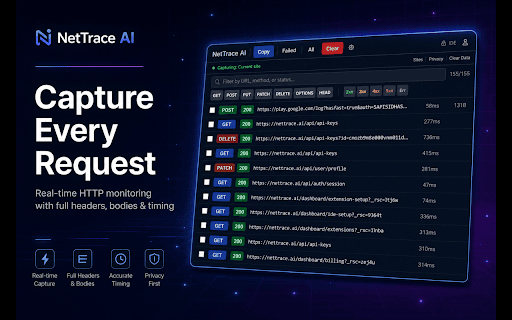 NetTrace AI :: Capture network requests and format them for AI debugging workflows. Reduce debugging-to-AI time from minutes to seconds.