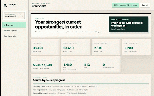 Odigra :: Search supported job sites live and bring the strongest matches into one Odigra workspace.