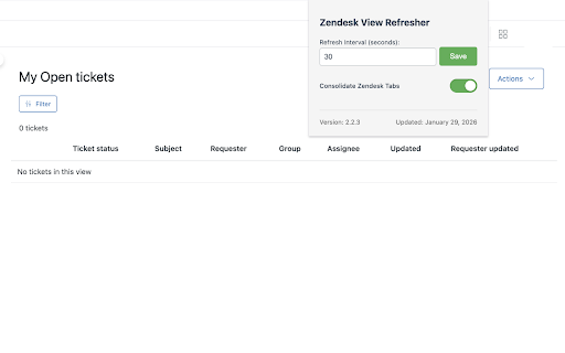 Zendesk View Refresher :: Auto-refreshes Zendesk views with live countdown, tab consolidation, and status notifications.