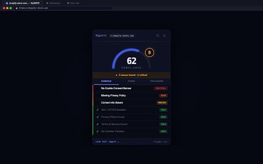GDPR Compliance Checker — fixGDPR :: Check any website for GDPR, CCPA & ePrivacy compliance. Get your score, see failing checks, and unlock copy-paste fixes.