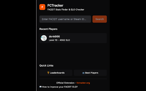 FCTracker - FACEIT Stats Finder :: Official FCTracker extension. Quick FACEIT stats finder & ELO checker for CS2 players. Find rank and match history instantly.