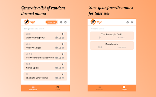 Name Generator Extension :: Generates a list of random names of various themes and categories; useful for GMs and players of TTRPGS.