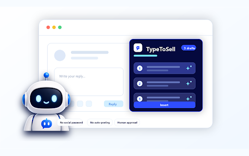 TypeToSell - AI Social Reply Assistant :: Generate AI comment and reply drafts for X, Reddit, and Facebook. Insert, edit, and post manually.