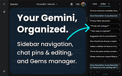GemList: The Ultimate Sidebar for Gemini :: Supercharge Gemini with a sidebar! Sync Gems, pin chats, edit titles, and export Markdown. Lightweight & privacy-first.