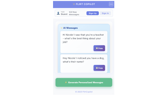 Flirt Copilot - AI Message Generator :: Generate witty, personalized messages in 1 click. Works on LinkedIn, Twitter, Reddit, dating apps & any website.