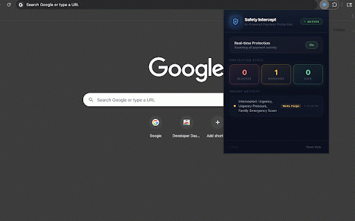 Safety Intercept :: The real-time intent layer. Intercepts payment scams on PayPal & Zelle before you send. Detects scam emails in Gmail.
