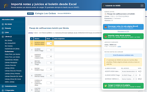 Asistente de SIGED :: Importá y exportá notas, juicios y promedios en SIGED desde Excel o CSV, sin pasarlos uno por uno. Detecta sola la página.
