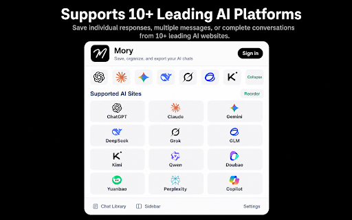 Mory - Save, organize, and export AI conversations :: Save valuable AI conversations locally, highlight key passages, and organize, find, or export them when needed.