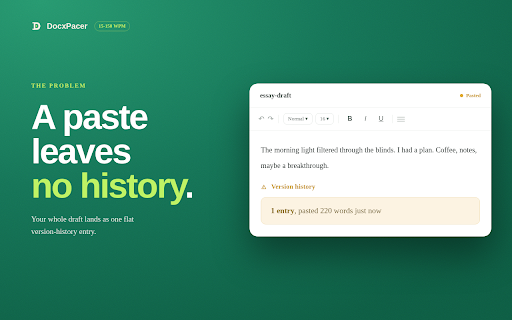 DocxPacer — Human Auto Typer for Google Docs (.docx → Docs) :: Choose how many words, over how long. Your .docx types into Google Docs at a human pace. Typed key by key, never pasted.