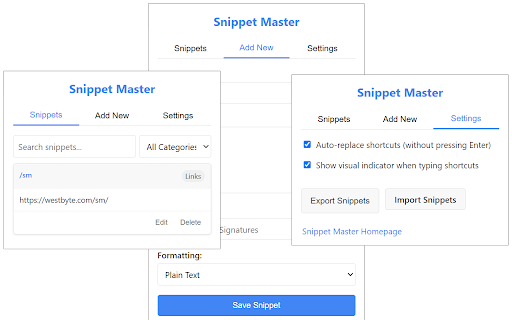 Snippet Master :: Save and insert snippets of text with custom shortcuts