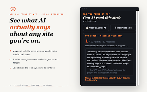Are you found by AI? — AI Visibility Check :: See what AI says about any site you're on: measured visibility score, verbatim engine answers, and instant readiness checks.