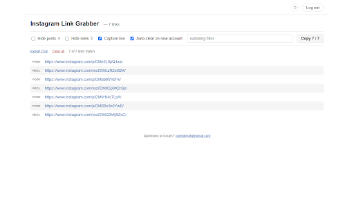 Instagram Link Grabber :: Click the toolbar icon on a profile to start grabbing its post and reel links as you scroll.