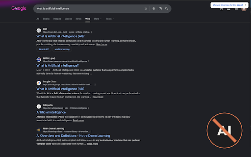 No AI Search – Turn Off Google AI Overviews :: Turn off Google's AI Overviews and AI Mode and get classic web results on every search. One-click toggle, nothing to set up.