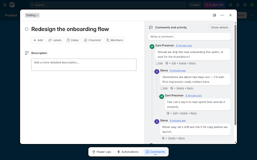 Threads for Trello :: Collapsible threaded replies on Trello cards, built on native Trello comments.