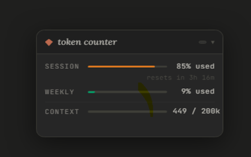 Token Counter :: Real-time token usage tracker for AI assistants — session quota, weekly quota, context window, and cache timer.