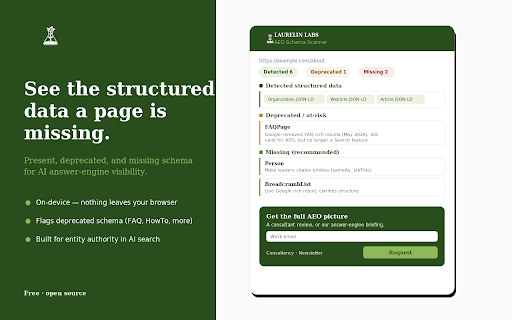 Laurelin Labs: AEO Schema Scanner :: Scan any page for structured data: what's present, what's deprecated, and what's missing for AI answer-engine visibility.