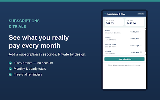 Subscriptions & Trials – Private Tracker :: Track your subscriptions privately. 100% on your device, no account, no data collected. See your real monthly and yearly spend.