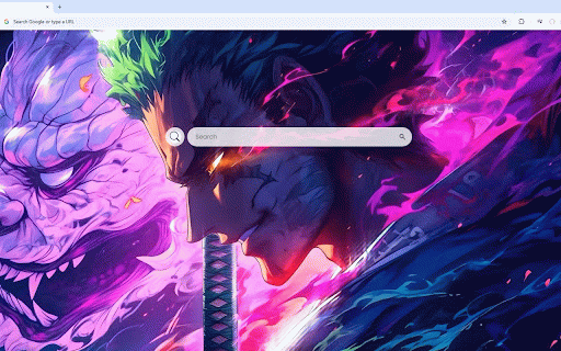 Swordsman Roronoa Zoro Live Wallpaper :: Green-haired swordsman faces purple dragon amid swirling neon energy and flames.