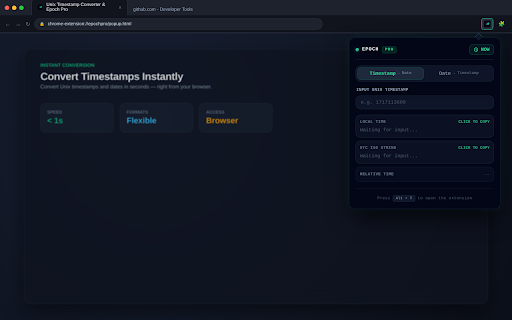 Unix Timestamp Converter & Epoch Pro :: Instantly convert Unix timestamps via selection or popup. Smart 10/13-digit auto-detection, UTC/local timezone, and dark mode.