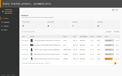 Amberlog - Amazon Product Tracker for FBA Sourcing Research :: Passive Amazon sourcing tracker - automatically builds your personal price, rank, and rating history as you browse.