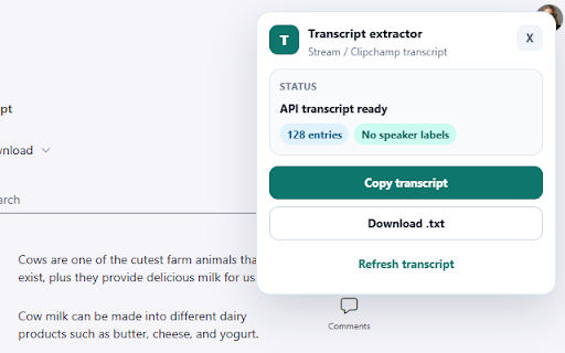 Stream & Clipchamp Transcript Extractor :: Copy transcripts from Stream, Teams recordings and Clipchamp videos with timestamps and speakers where available.