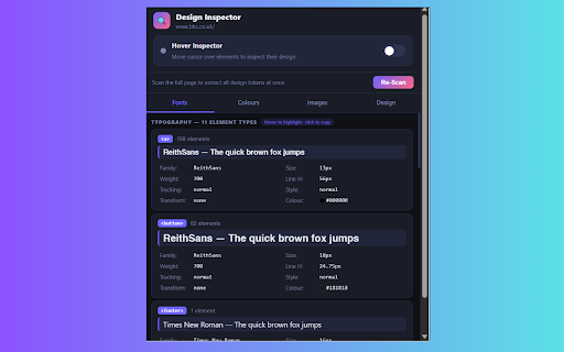 Design Inspector :: Hover over any element to instantly inspect fonts, colours, spacing, images and design tokens.