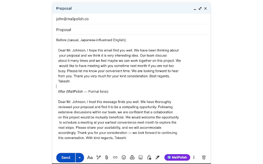 MailPolish - Email Tone Polisher :: Polish your emails with MailPolish. Choose a tone, and your text is instantly rewritten — right inside Gmail.