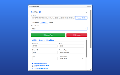 Capturador de Reservas CapData :: Extensión para capturar datos de reservas de vuelo desde la página actual y enviarlos a la API de CapData.