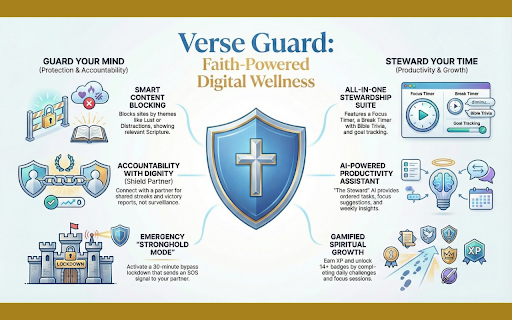Verse Guard - Bible Verse Website Blocker :: Block distracting websites with Scripture. Bible verses on every block page, focus timer, and spiritual challenges.