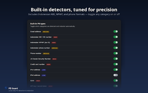 PII Guard :: Detects PII in page inputs and pastes, then redacts it locally before it leaves your browser.