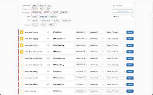 Console Hopper :: For AWS: hop between consoles fast — role-picker search, account tags, deep-link services, env-coloured tabs, tab groups.