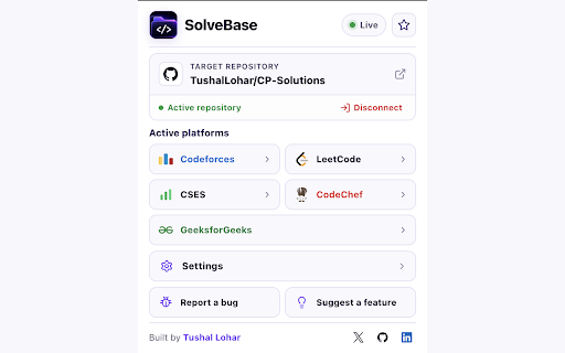 SolveBase - Solves to GitHub :: Automatically syncs accepted Codeforces, LeetCode, CSES, CodeChef and GeeksforGeeks solutions to GitHub.