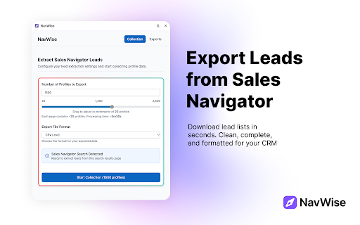 NavWise: Prospect List Exporter :: Export full lead search results into clean, structured spreadsheets. Save time and streamline your prospecting workflow, instantly.