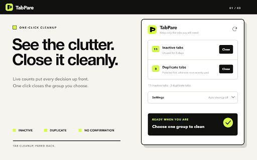 TabPare :: Group similar tabs and close duplicate or inactive Chrome tabs, with optional scheduled duplicate cleanup.