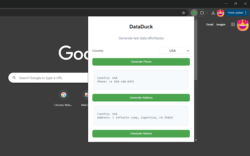 DataDuck - Format and create test data offline :: Generate Payment Info, Texts, Files and format Json Offline with DataDuck.