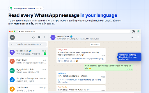 WhatsApp Auto Translate :: Tự động dịch tin nhắn đến trên WhatsApp Web sang ngôn ngữ bạn chọn (mặc định: Tiếng Việt). Alt+T để dịch tin đang soạn.