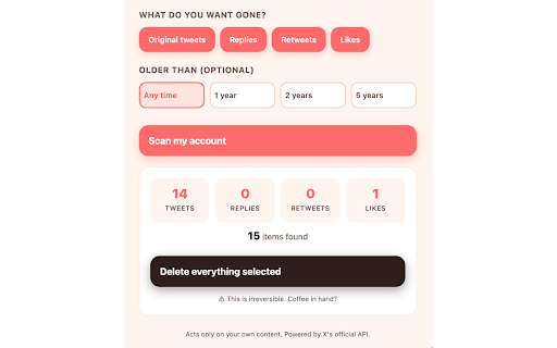 Mass Tweet Deleter — clean X before your interview :: Bulk-delete X tweets, retweets and likes via official API. Free tier: 50 deletions/30 days.