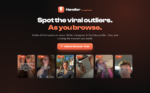 Handler - Outlier & Pull scores for TikTok, Instagram, YouTube :: Analytics for TikTok, Instagram & YouTube: spot viral outliers and Pull Scores on any profile, live as you browse.
