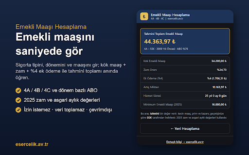 Emekli Maaşı Hesaplama (4A/4B/4C) :: Sigorta tipi, dönem, brüt maaş ve prim gününe göre 4A/4B/4C emekli maaşını anında tahmini hesapla. Çevrimdışı, reklamsız.