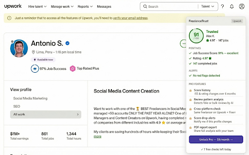 Upwork & Fiverr Trust Score — FreelanceTrust :: Trust Score for every Upwork & Fiverr freelancer. Spot red flags, fake reviews and scams before you hire. Free.