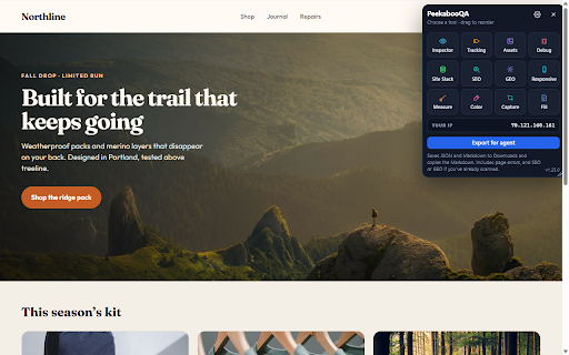 PeekabooQA :: Inspect, measure, color, assets, capture, tracking, debug, SEO, GEO, and export a page for AI agents.