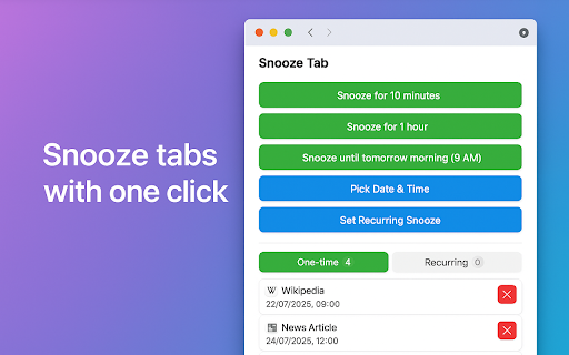 Tab Snoozer - Snooze tabs in a click :: Easily snooze tabs with a click! Set timers to hide distracting tabs and automatically bring them back when you need them again.