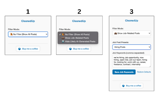 CleanedUp – Linkedin Feed Filter :: Filter your LinkedIn feed to find jobs and hide AI clutter. Customize keywords or use smart presets.