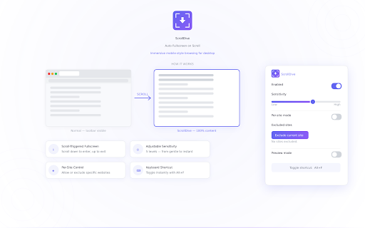 ScrollDive — Auto Fullscreen on Scroll :: Immersive mobile-style browsing for desktop. Scroll down to dive into fullscreen, scroll up to surface back.