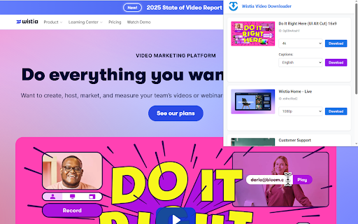 Wistia Video Downloader :: Easily download Wistia videos from any webpage! Supports captions, multiple resolutions and bulk downloads.